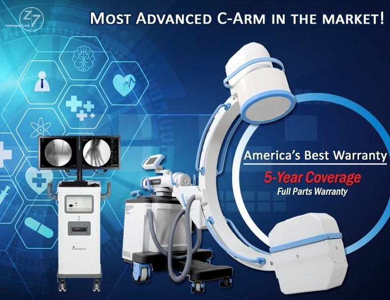 Professional C-Arm X-ray system promotional image showcasing the most advanced C-Arm in the market with blue medical technology background, hexagonal medical icons, and America's Best Warranty featuring 5-year coverage and full parts warranty